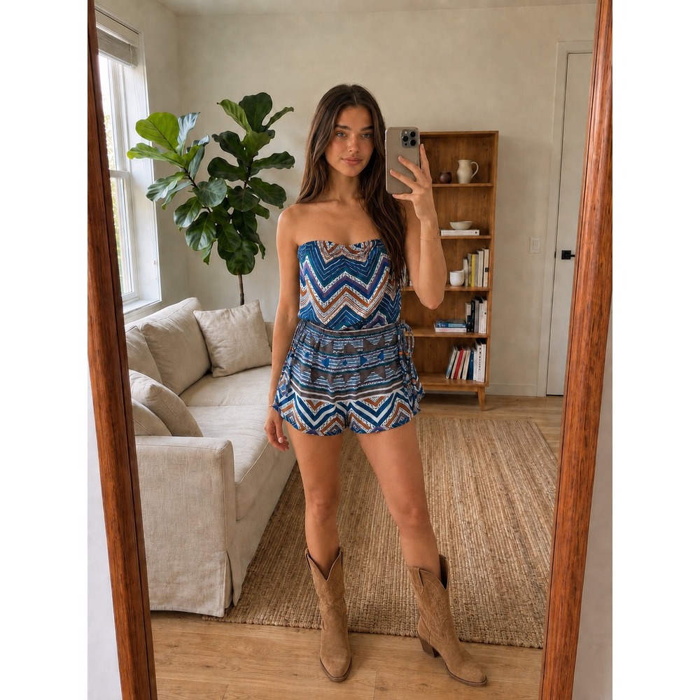 Angie‎ Women Romper M Blue Geometric Strapless Boho Side Tie Bead Rayon